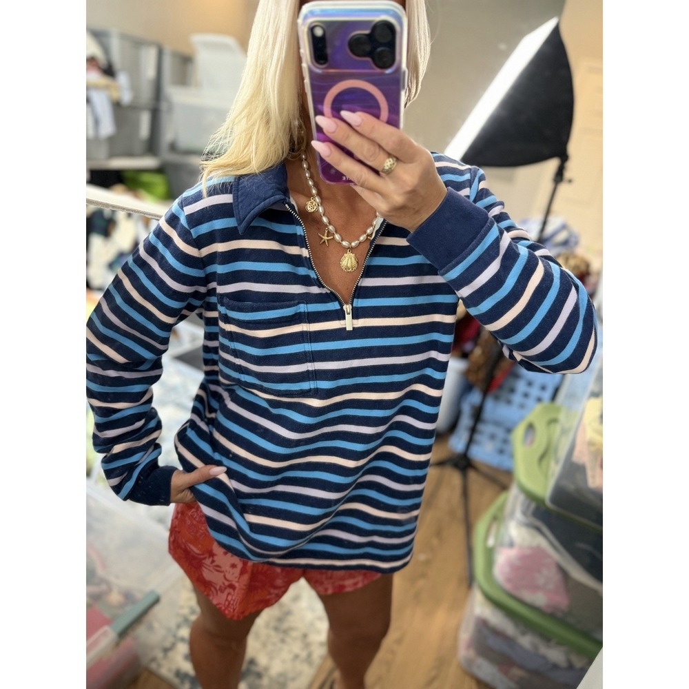 Lands' End Womens Serious Sweats Polo Sweatshirt Coastal Colorful Stripes